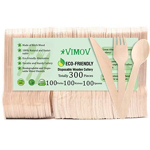 VIMOV Posate Legno monouso, Utensili biodegradabili per Festa, 300 Pezzi
