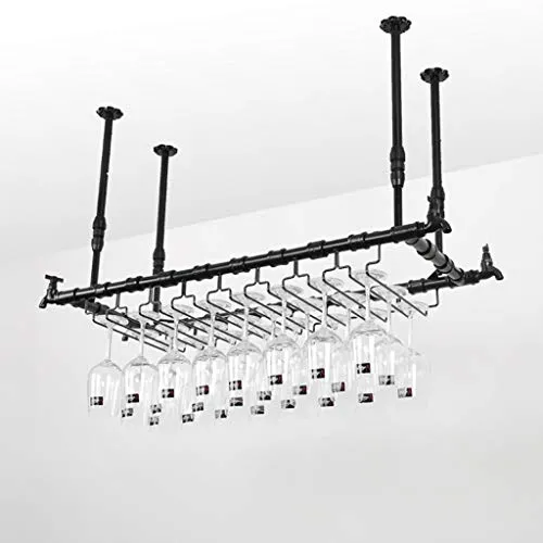 WHSS Scaffali Vino Cremagliera Calice, Controsoffitto Metallico Calice Appeso Vettore Bottiglia di Vetro Telaio Nero (Dime...