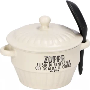 Zuppiera ceramica con coperchio e cucchiaino beige | Rohome