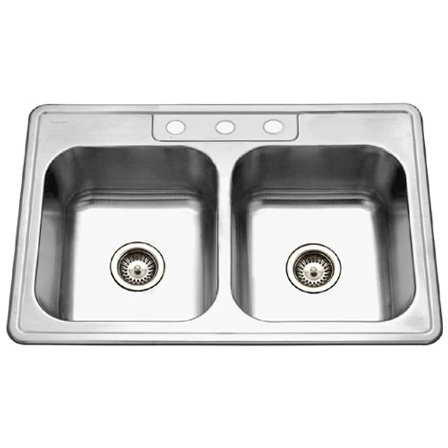 Houzer Glowtone Series 33" Inossidabile Steel Drop- Topmount 50/50 3-hole Double Bowl Kitchen Sink - 3322-8BS3-1
