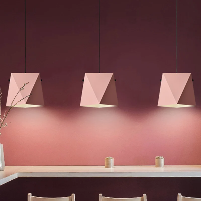 Lampadario sospensione con paralume geometrico, ferro macaron, 1 lampadina, lampada da soffitto per sala da pranzo rosa/ne...