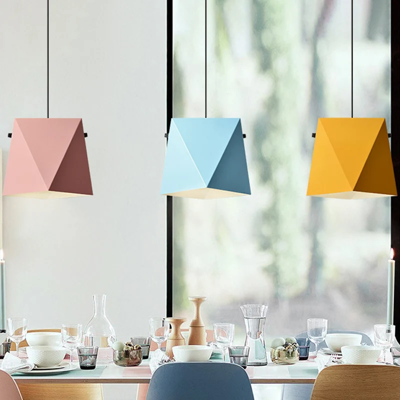 Lampadario sospensione con paralume geometrico, ferro macaron, 1 lampadina, lampada da soffitto per sala da pranzo rosa/ne...