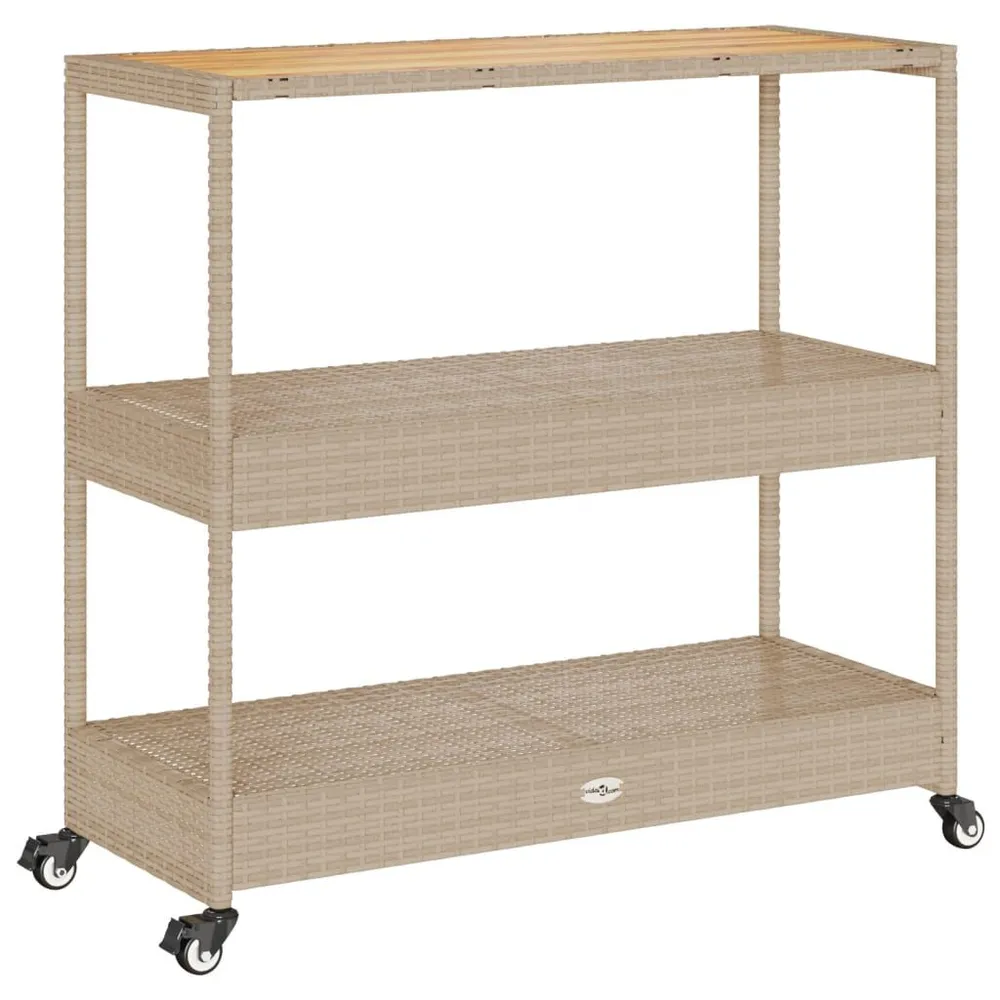 Carrello da Bar 3 Livelli Crema Polyrattan e Massello Acacia