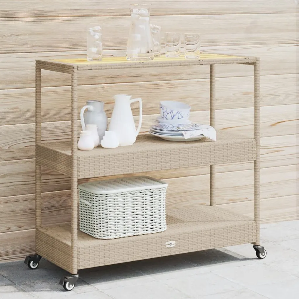 Carrello da Bar 3 Livelli Crema Polyrattan e Massello Acacia