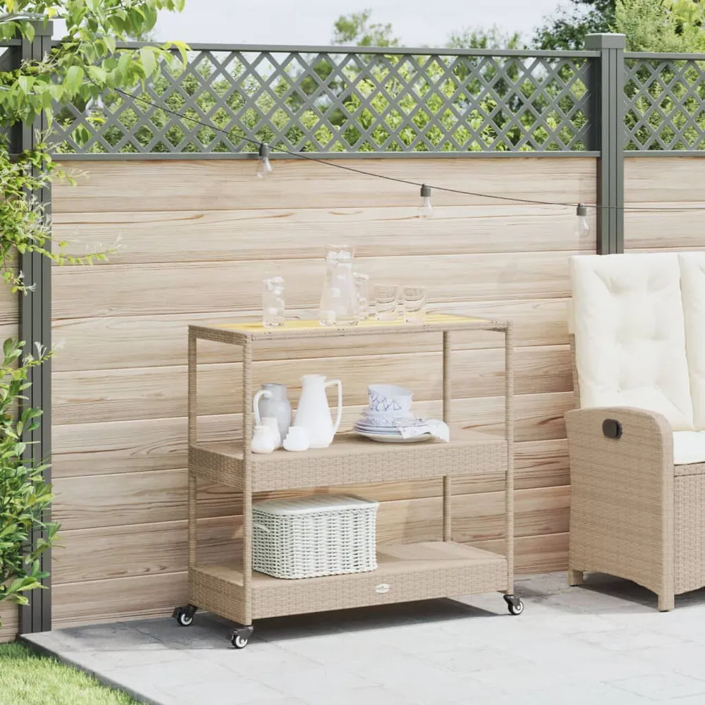 Carrello da Bar 3 Livelli Crema Polyrattan e Massello Acacia