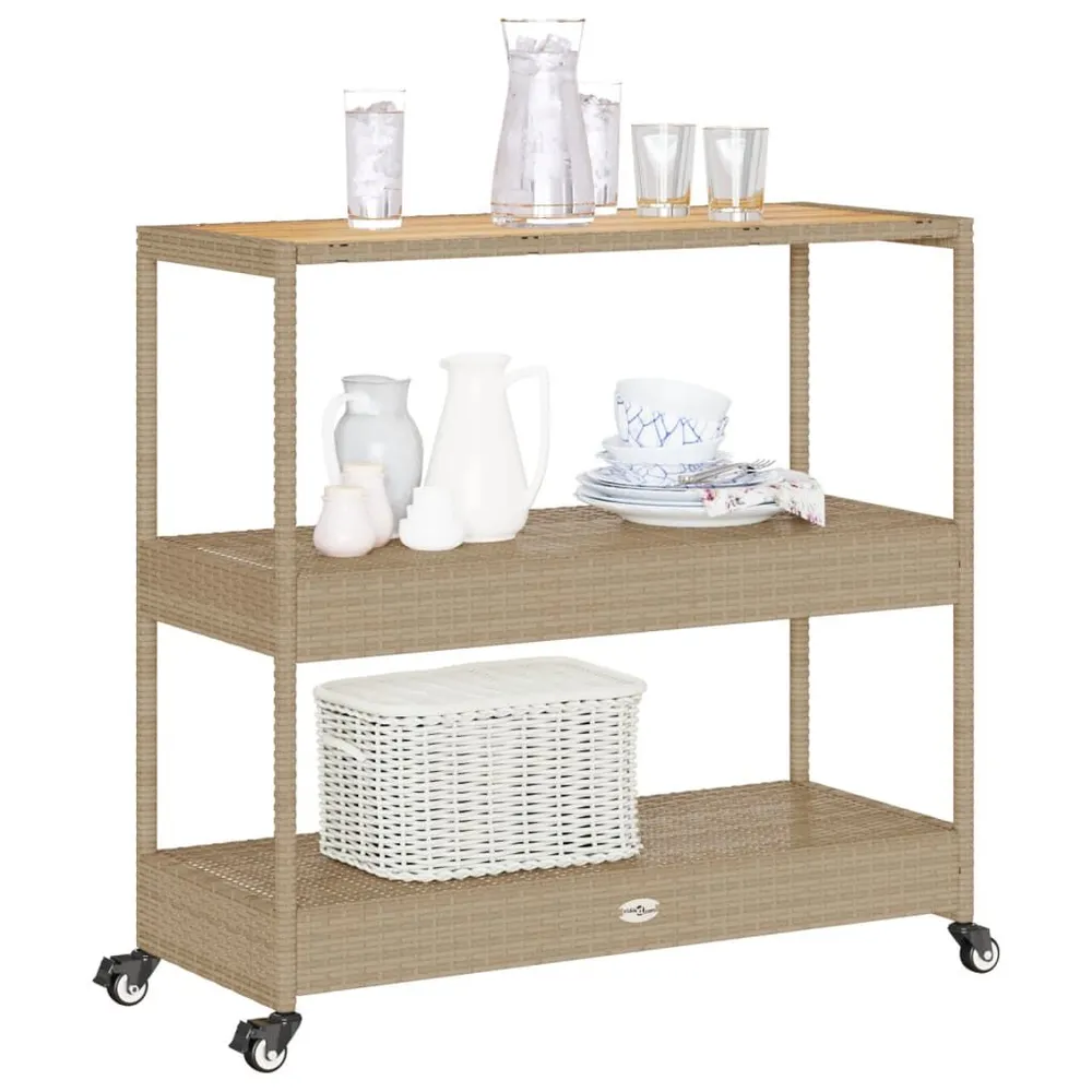 Carrello da Bar 3 Livelli Crema Polyrattan e Massello Acacia