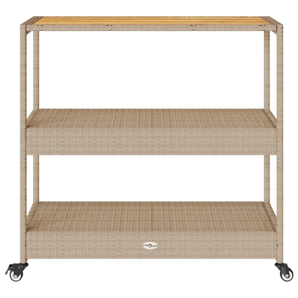 Carrello da Bar 3 Livelli Crema Polyrattan e Massello Acacia