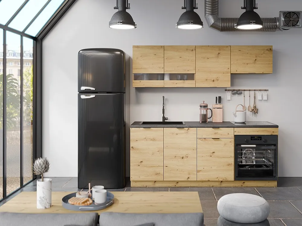 Cucina completa 200 cm 6 elementi portaoggetti Naturale e Antracite CARMEO