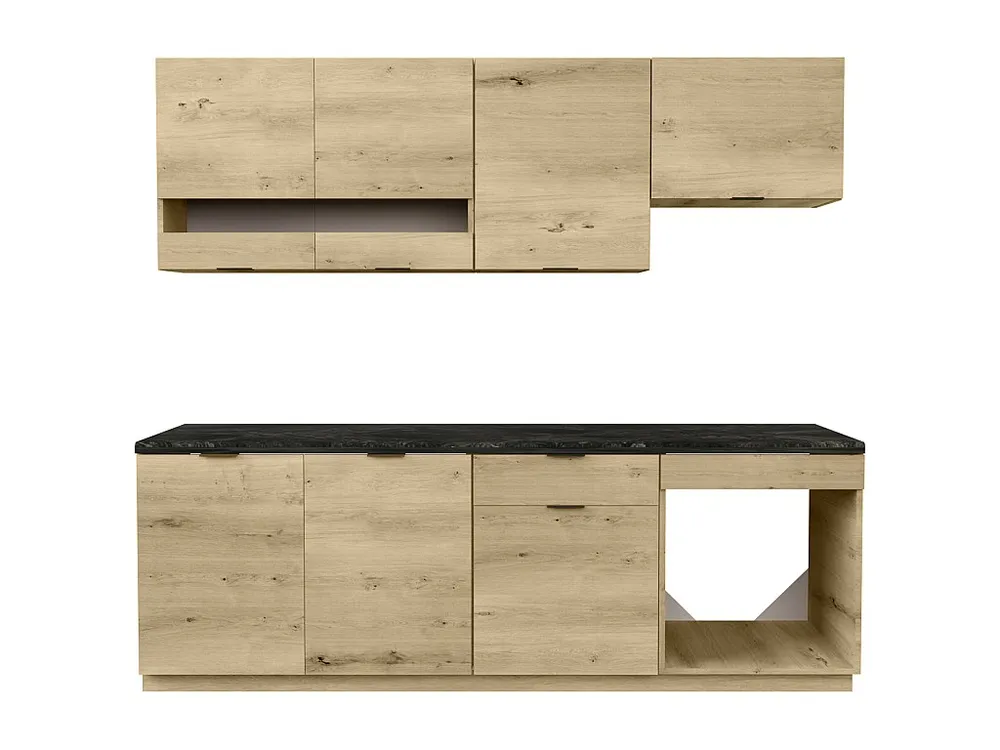 Cucina completa 200 cm 6 elementi portaoggetti Naturale e Antracite CARMEO