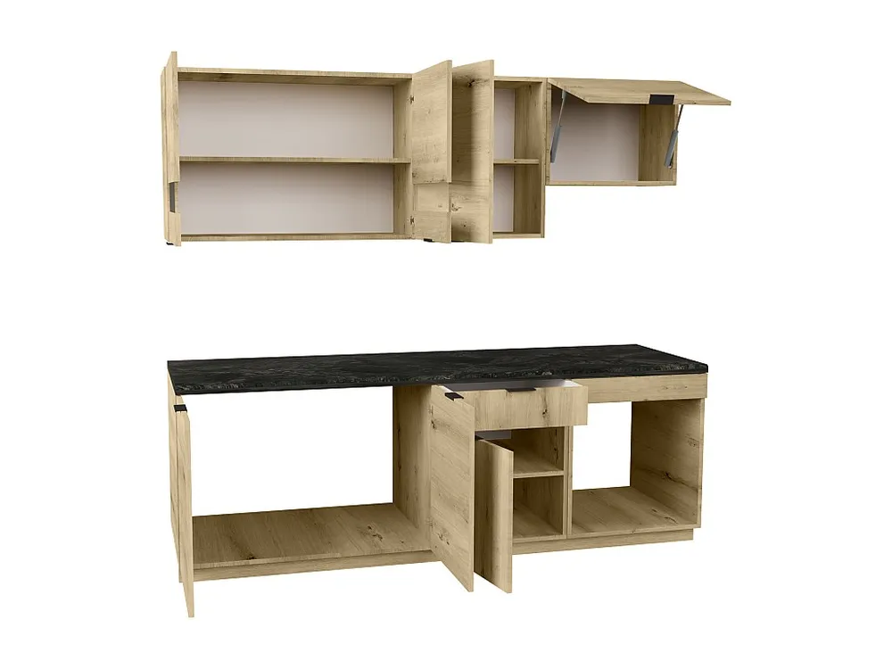 Cucina completa 200 cm 6 elementi portaoggetti Naturale e Antracite CARMEO