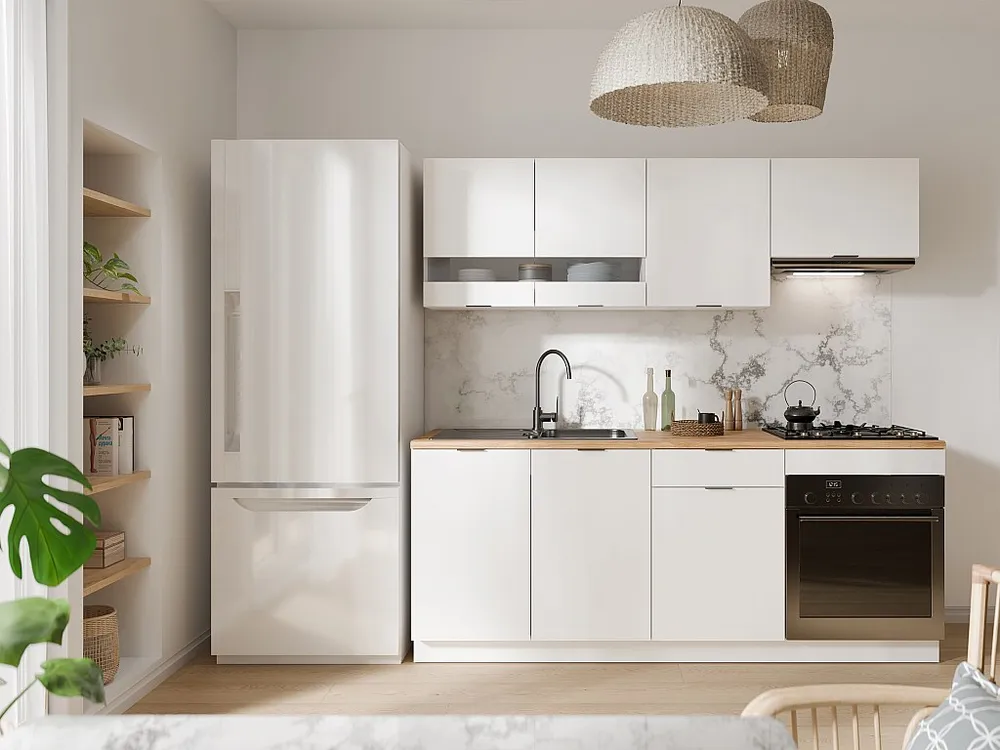 Cucina completa 200 cm 6 elementi portaoggetti Naturale e Bianco CARMEO