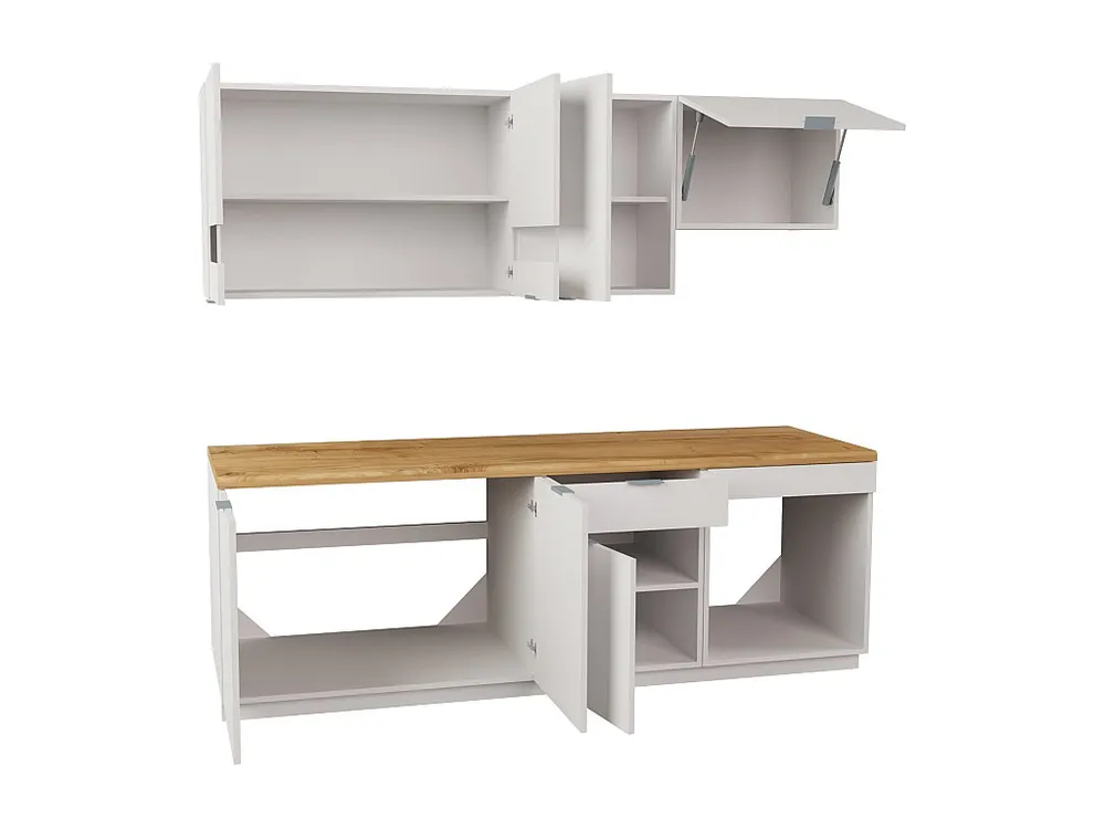 Cucina completa 200 cm 6 elementi portaoggetti Naturale e Bianco CARMEO