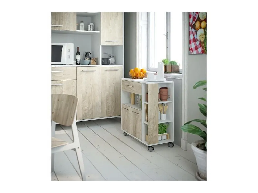 Desserte 2 portes 1 tiroir - Blanc et chene - L 80 x P 39 x H 87 cm