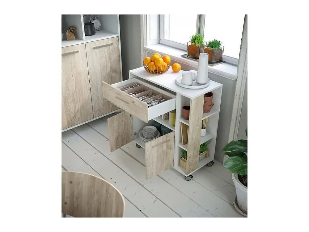 Desserte 2 portes 1 tiroir - Blanc et chene - L 80 x P 39 x H 87 cm