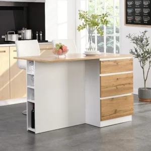 Isola centrale da cucina con 6 cassetti e 4 nicchie MDF Naturale e Bianco POMARELA