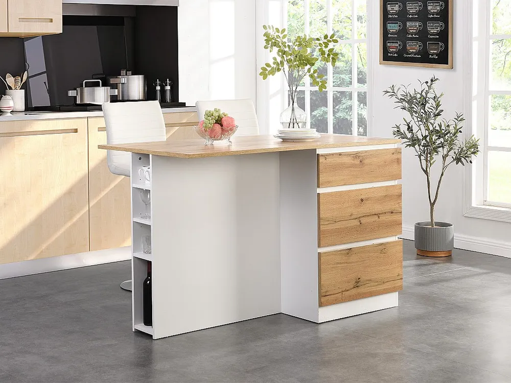 Isola centrale da cucina con 6 cassetti e 4 nicchie MDF Naturale e Bianco POMARELA