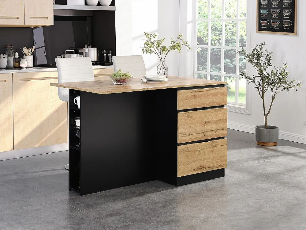 Isola centrale da cucina con 6 cassetti e 4 nicchie MDF Naturale e Nero POMARELA