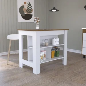 Isola da cucina Cala, tre ripiani e quattro gambe 90 CM L X 103 CM P X 70 CM L X 70 CM P. Bianco / Duna