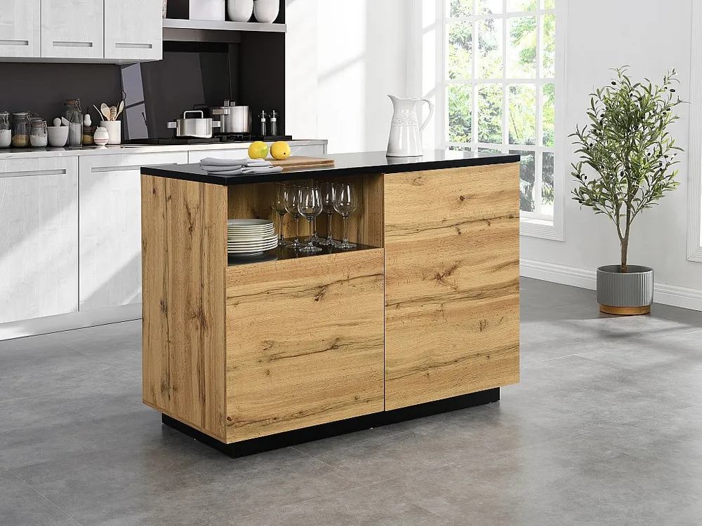 Isola da cucina con 2 ante e 1 nicchia MDF Naturale e Nero CORELINA