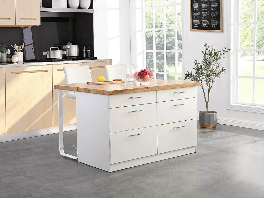 Isola da cucina con 6 cassetti MDF e Metallo Bianco e Naturale trasparente ALEGRITA