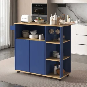 Isola cucina mobile centrale con 3 ante e 2 cassetti - piano allungabile - 129x46/71x91,5 cm - Legno MDF + metallo - Blu navy