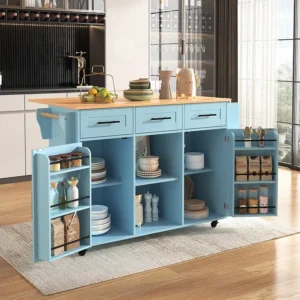 Isola cucina mobile centrale con 2 ante e 3 cassetti - piano allungabile - 129x46/71x91,5 cm - Legno MDF + metallo - Blu +...