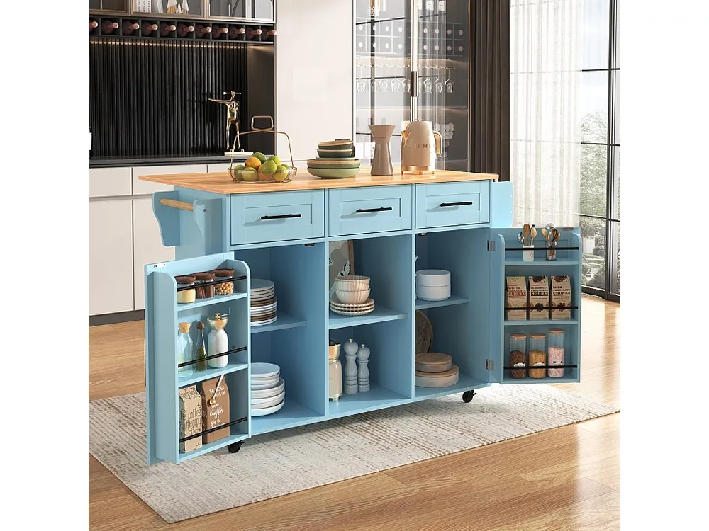 Isola cucina mobile centrale con 2 ante e 3 cassetti - piano allungabile - 129x46/71x91,5 cm - Legno MDF + metallo - Blu +...