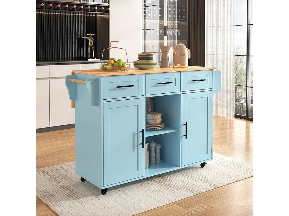 Isola cucina mobile centrale con 2 ante e 3 cassetti - piano allungabile - 129x46/71x91,5 cm - Legno MDF + metallo - Blu +...