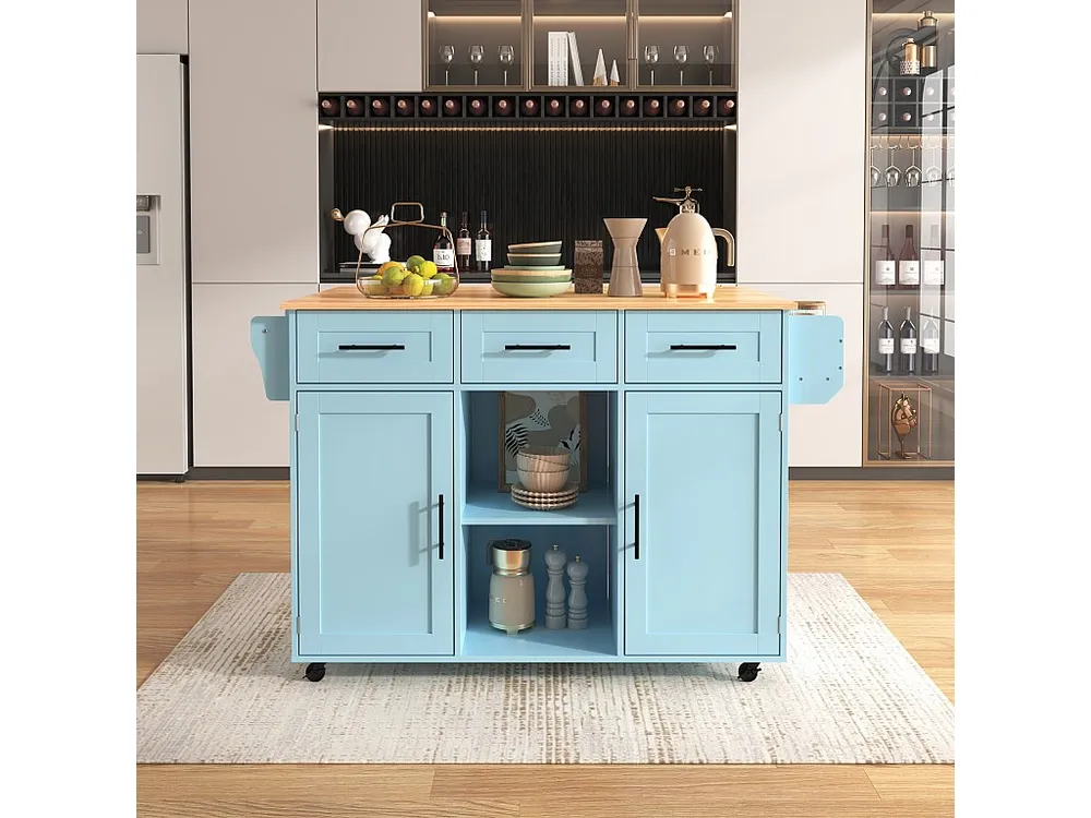 Isola cucina mobile centrale con 2 ante e 3 cassetti - piano allungabile - 129x46/71x91,5 cm - Legno MDF + metallo - Blu +...