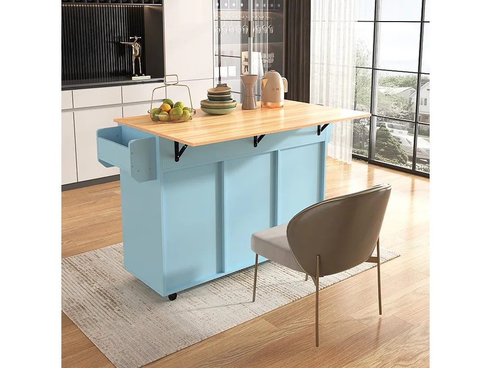 Isola cucina mobile centrale con 2 ante e 3 cassetti - piano allungabile - 129x46/71x91,5 cm - Legno MDF + metallo - Blu +...