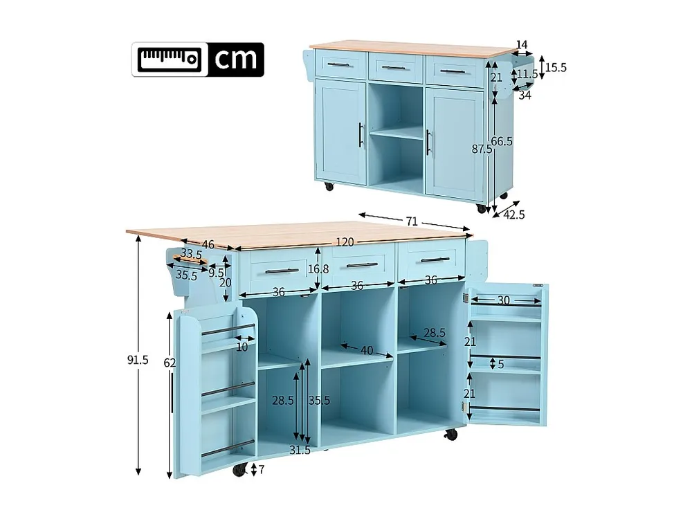 Isola cucina mobile centrale con 2 ante e 3 cassetti - piano allungabile - 129x46/71x91,5 cm - Legno MDF + metallo - Blu +...
