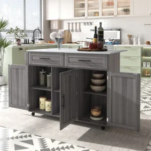 Isola cucina mobile centrale con 3 ante e 2 cassetti - piano allungabile - 129x46/71x91,5 cm - Legno MDF + metallo - Grigio