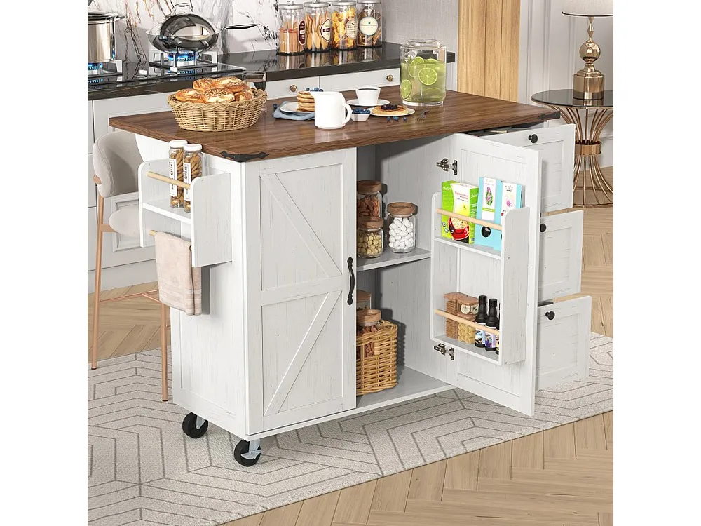 Isola cucina mobile centrale con 2 ante e 3 cassetti - piano allungabile - 140 x 45/73 x 92,5 cm - Legno MDF + metallo - B...