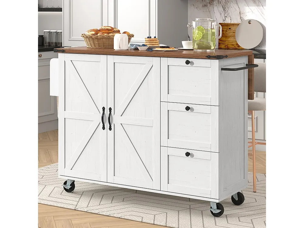 Isola cucina mobile centrale con 2 ante e 3 cassetti - piano allungabile - 140 x 45/73 x 92,5 cm - Legno MDF + metallo - B...