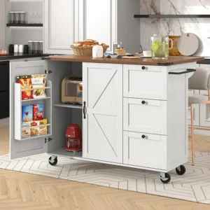 Isola cucina mobile centrale con 2 ante e 3 cassetti - piano allungabile - 140 x 45/73 x 92,5 cm - Legno MDF + metallo - B...
