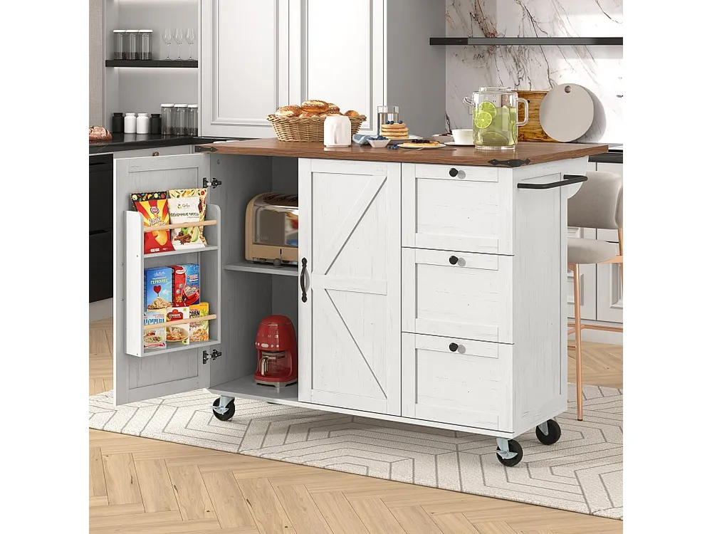 Isola cucina mobile centrale con 2 ante e 3 cassetti - piano allungabile - 140 x 45/73 x 92,5 cm - Legno MDF + metallo - B...