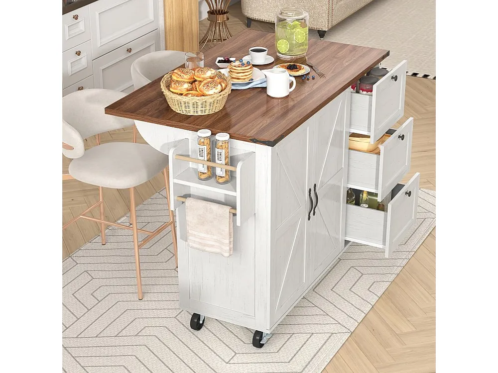 Isola cucina mobile centrale con 2 ante e 3 cassetti - piano allungabile - 140 x 45/73 x 92,5 cm - Legno MDF + metallo - B...