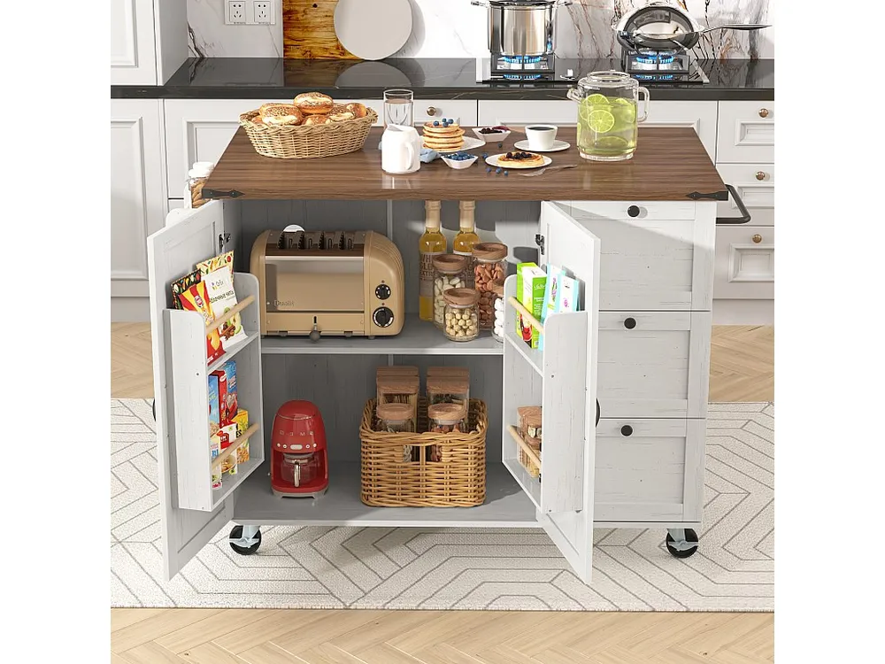 Isola cucina mobile centrale con 2 ante e 3 cassetti - piano allungabile - 140 x 45/73 x 92,5 cm - Legno MDF + metallo - B...