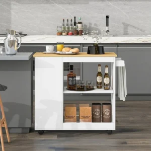 Isola cucina mobile centrale con vani giorno e ripiani - 105 x 38 x 89 cm - Legno MDF - Bianco + naturale