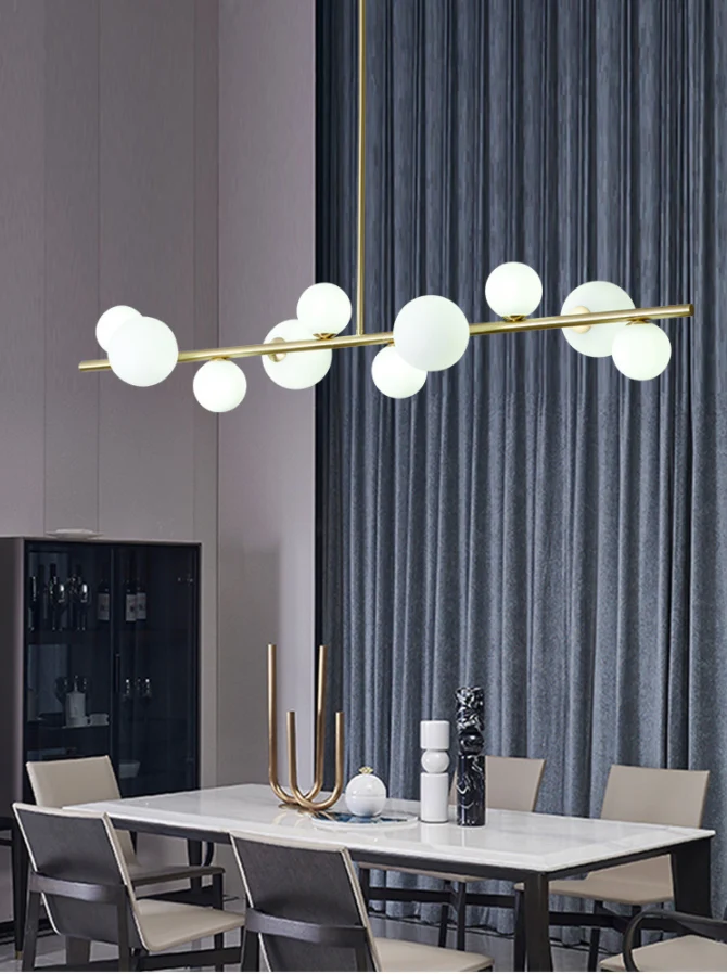 Lampadario isola vetro sferico con illuminazione sospensione isola metallo dorato minimalista attuale per tavolo da pranzo