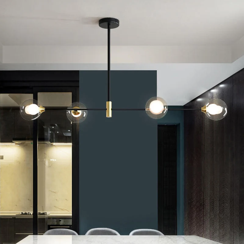 Lampadario isola vetro sferico con illuminazione sospensione isola metallo nero minimalista attuale per tavolo da pranzo