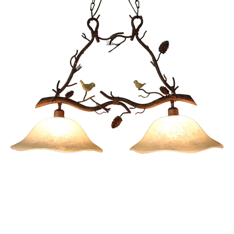 Lampadario sospensione ramo resina Tradizionale lampadario isola per sala da pranzo 2 teste con paralume smerlato marrone
