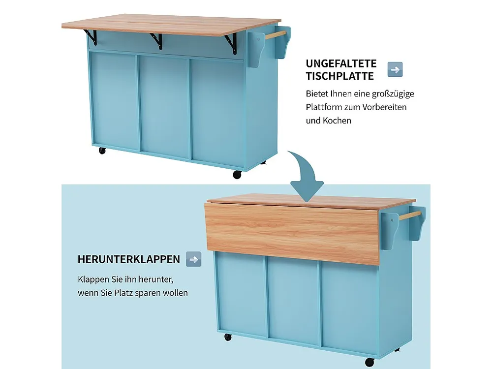 Mobile cucina isola centrale con 3 ante e 2 cassetti - piano allungabile - 129x46/71x91,5 cm - Legno MDF + metallo - Blu