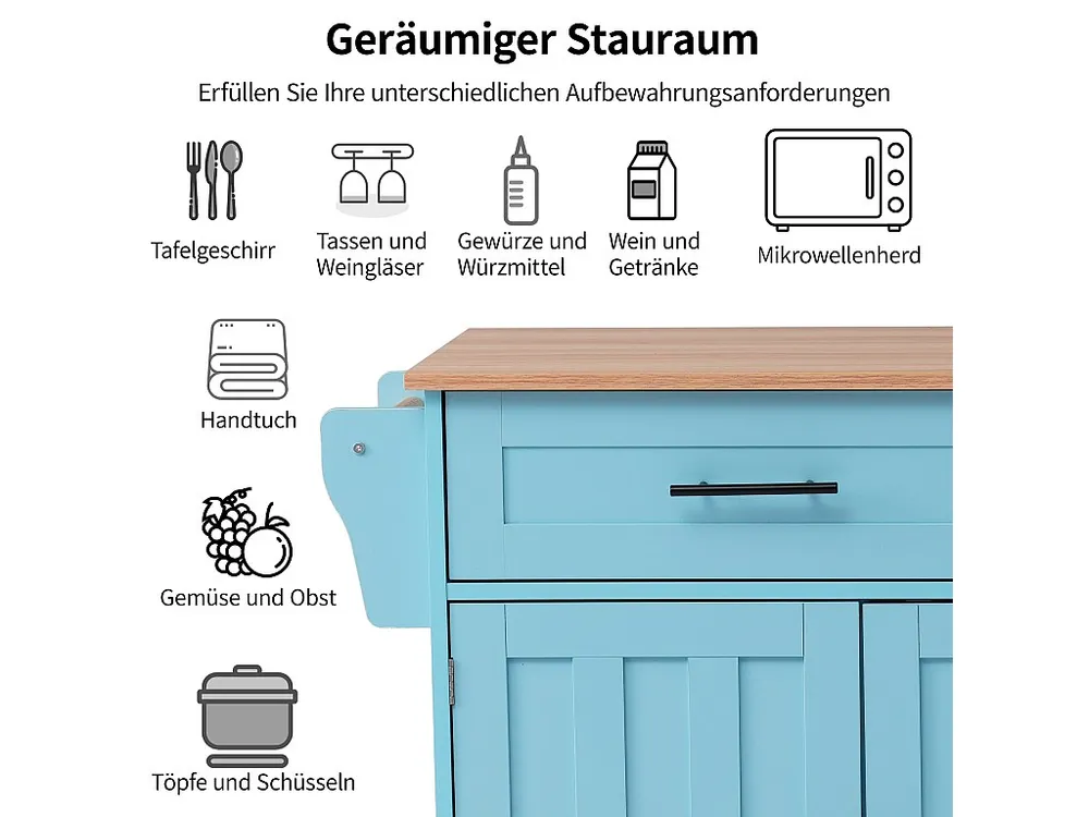 Mobile cucina isola centrale con 3 ante e 2 cassetti - piano allungabile - 129x46/71x91,5 cm - Legno MDF + metallo - Blu