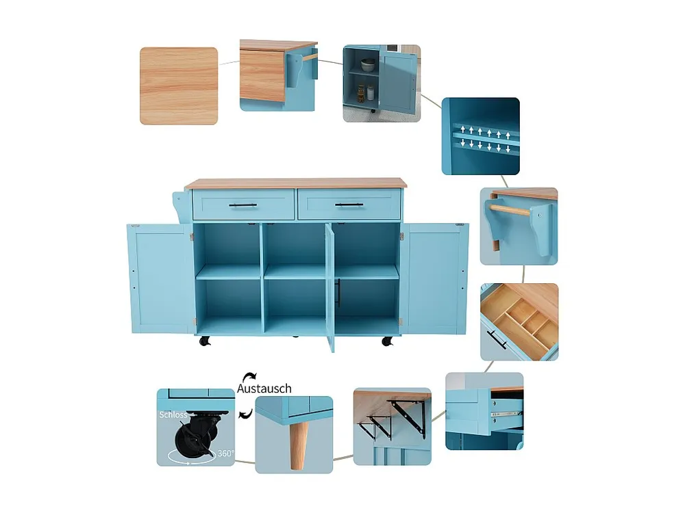 Mobile cucina isola centrale con 3 ante e 2 cassetti - piano allungabile - 129x46/71x91,5 cm - Legno MDF + metallo - Blu