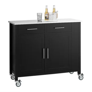 SoBuy Carrello da cucina con piano acciaio inox Isola da cucina con ripiano laterale Credenza con ruote Nero, FKW108-SCH