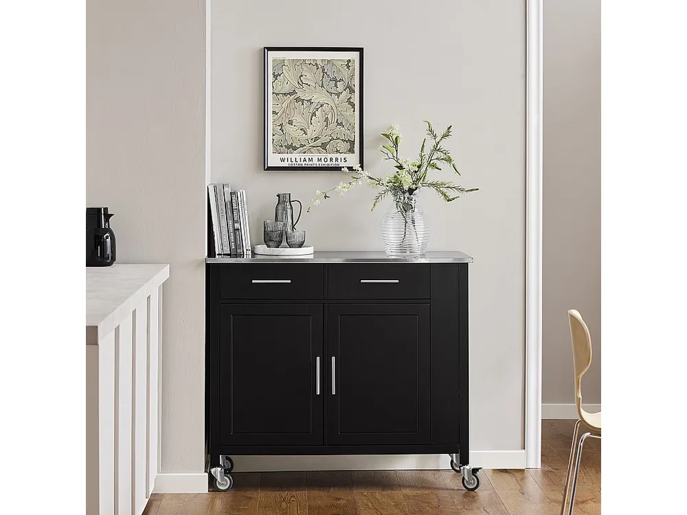SoBuy Carrello da cucina con piano acciaio inox Isola da cucina con ripiano laterale Credenza con ruote Nero, FKW108-SCH
