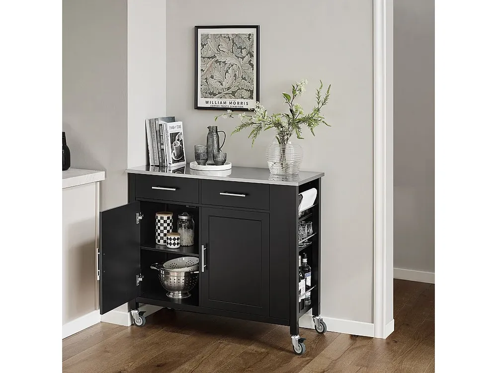 SoBuy Carrello da cucina con piano acciaio inox Isola da cucina con ripiano laterale Credenza con ruote Nero, FKW108-SCH