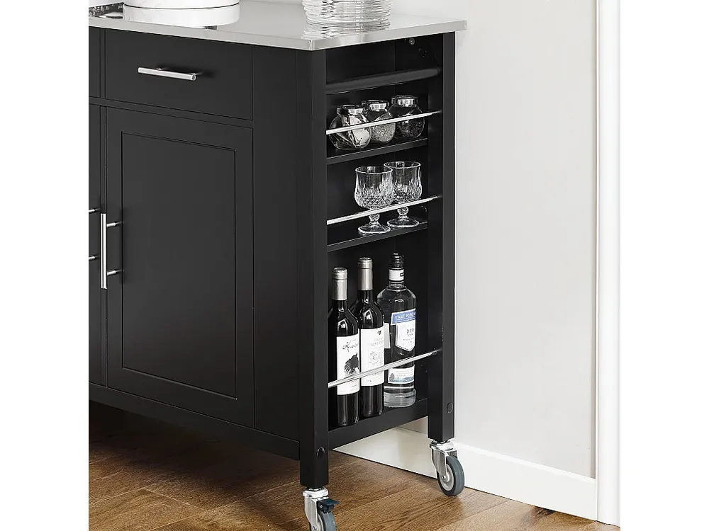 SoBuy Carrello da cucina con piano acciaio inox Isola da cucina con ripiano laterale Credenza con ruote Nero, FKW108-SCH