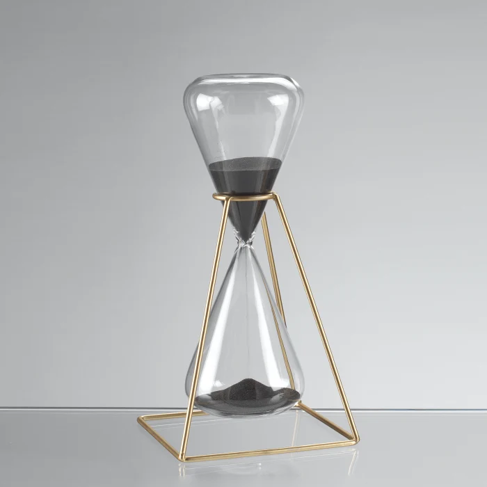 Clessidra Vetro con Piedistallo Ferro – Colore Sabbia grigio scuro – 30 Minuti Dimensioni: 12x12x25 h cm